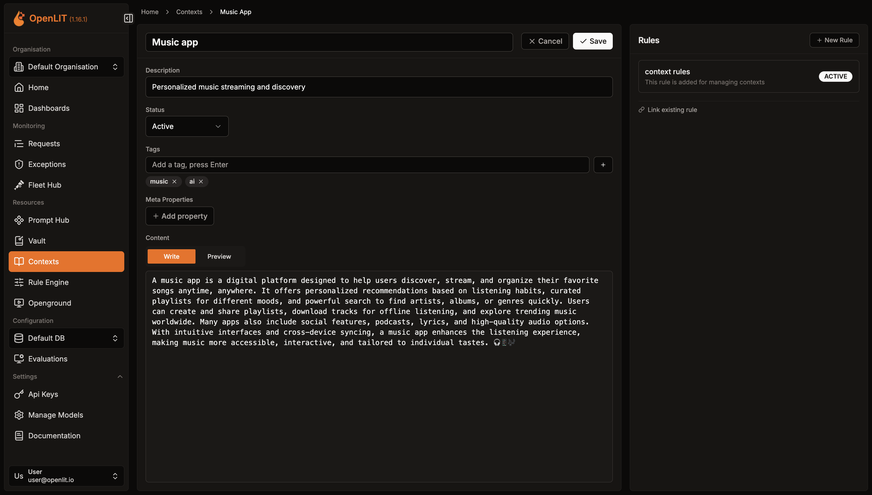 Context detail page in edit mode