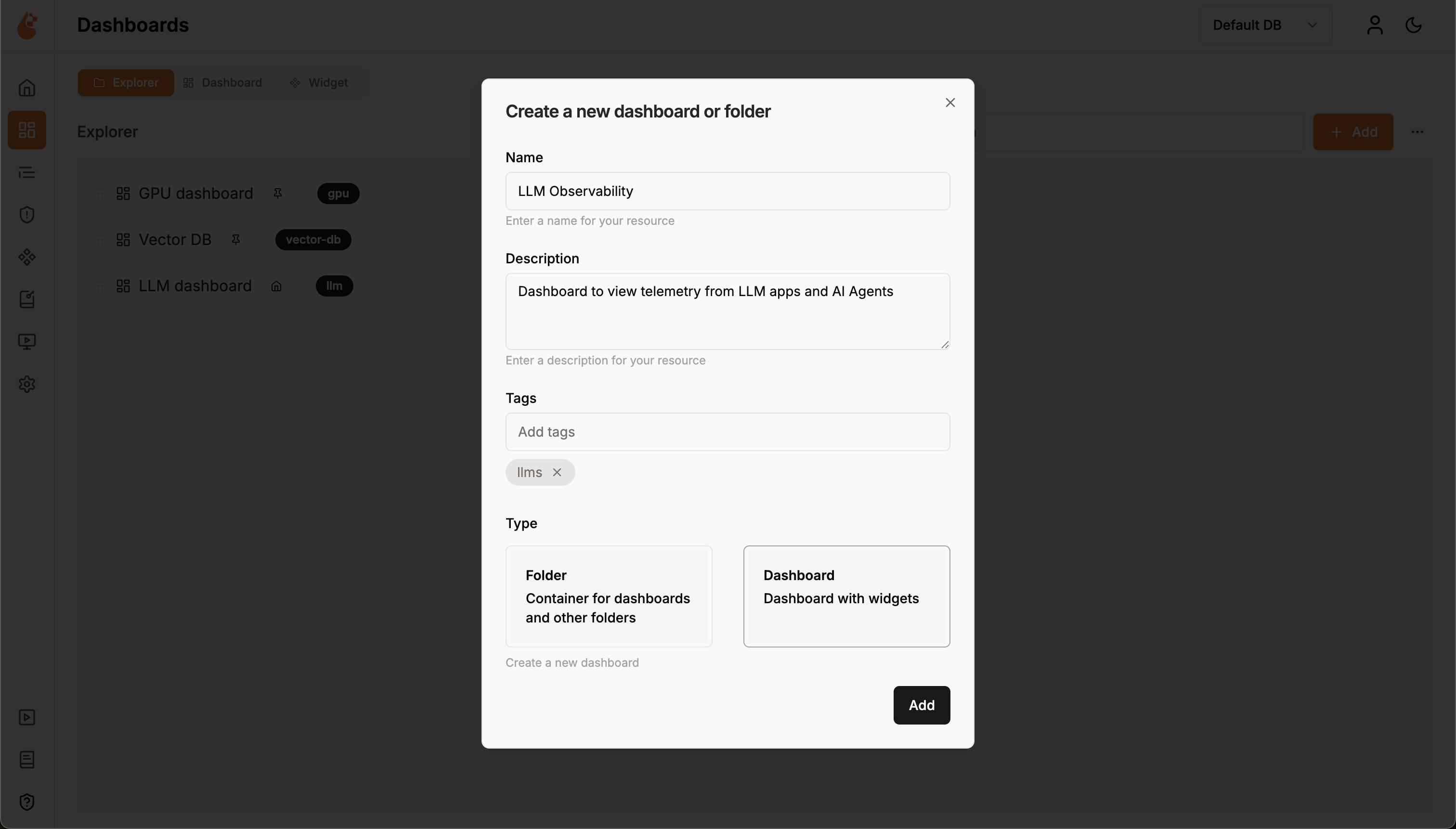 Create a new dashboard or folder form