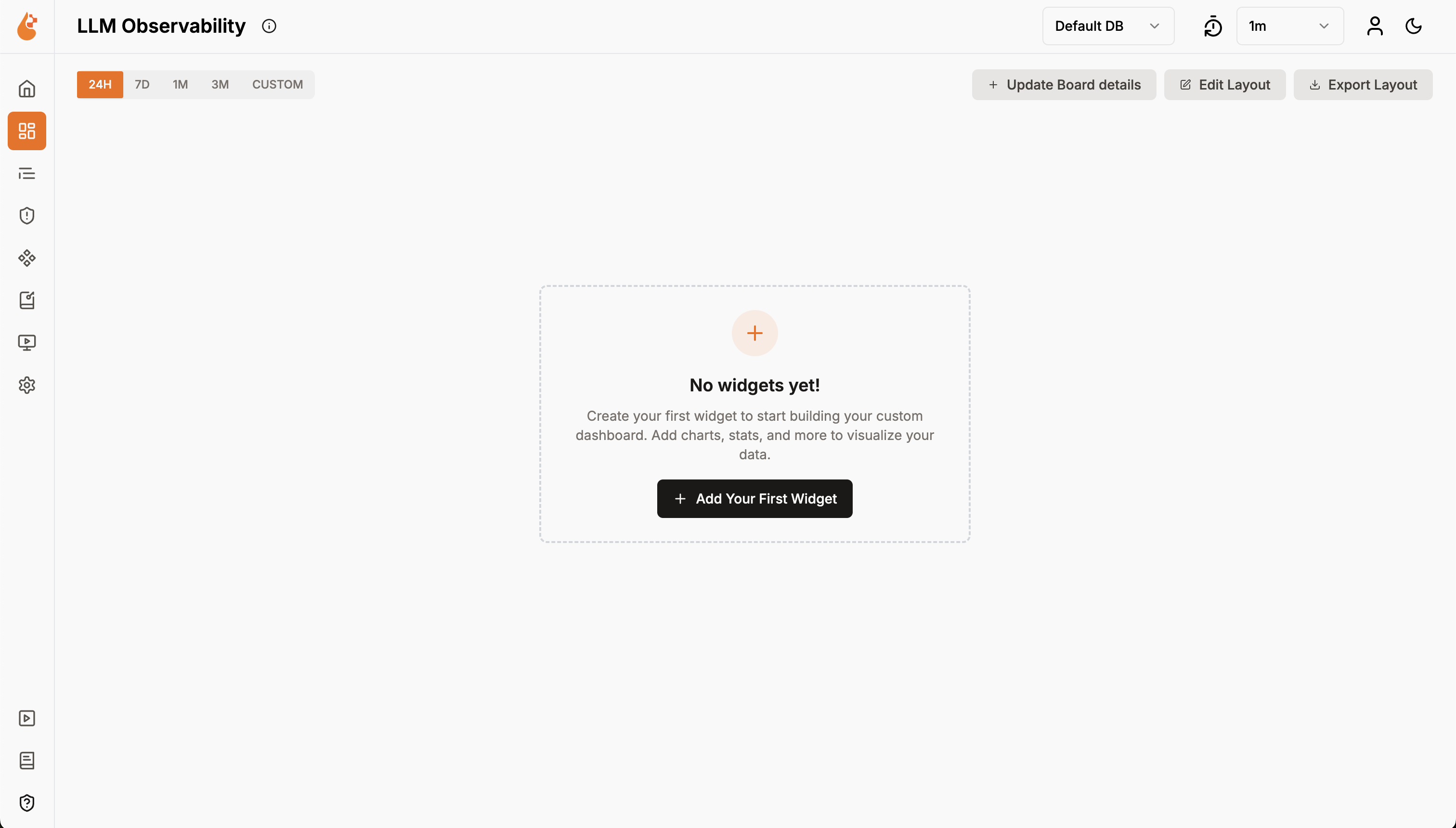 Empty dashboard canvas with a Create Your First Widget button