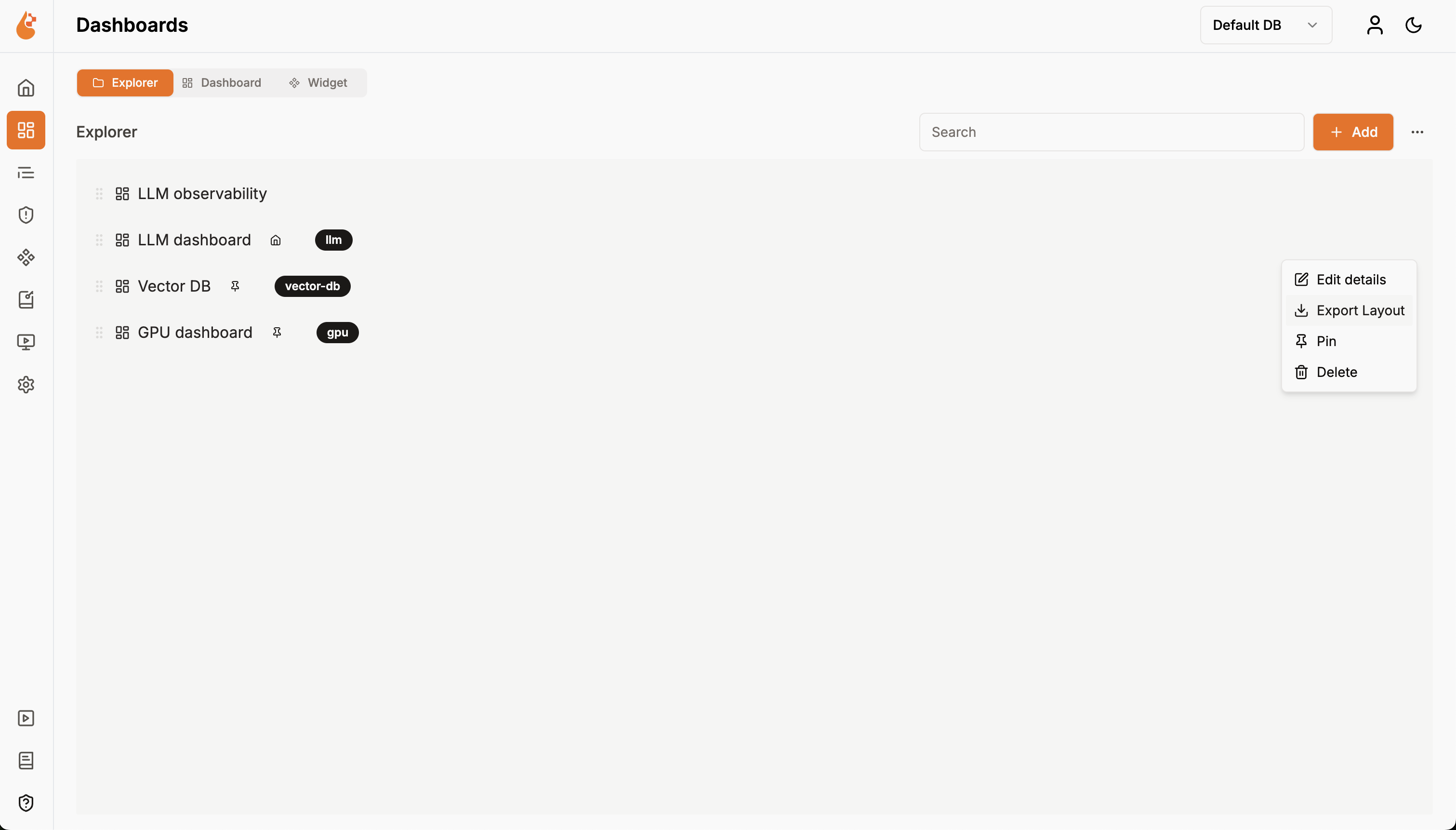 Dashboard context menu with the Export Layout option