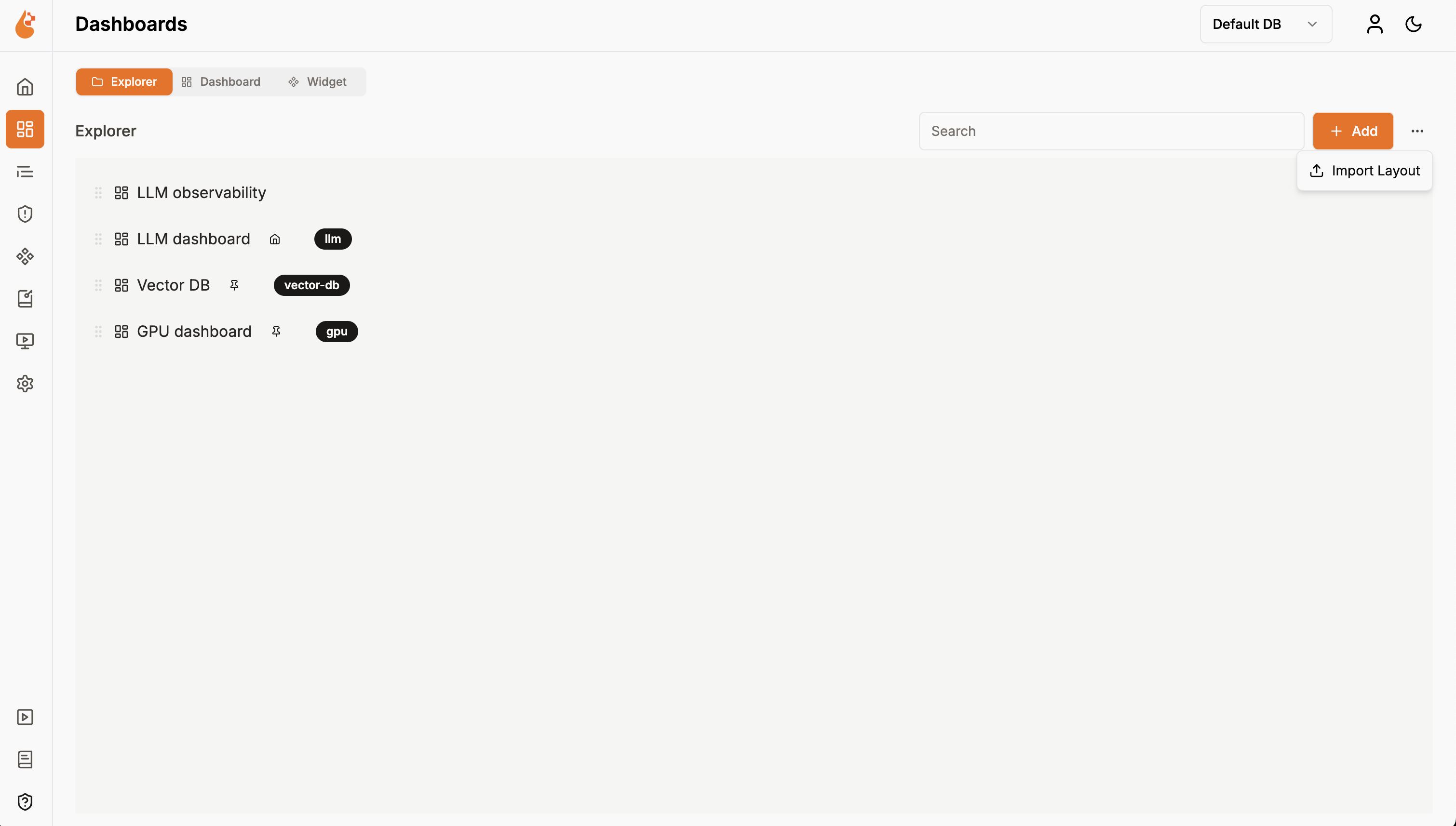 Import Layout button in the Dashboards Explorer