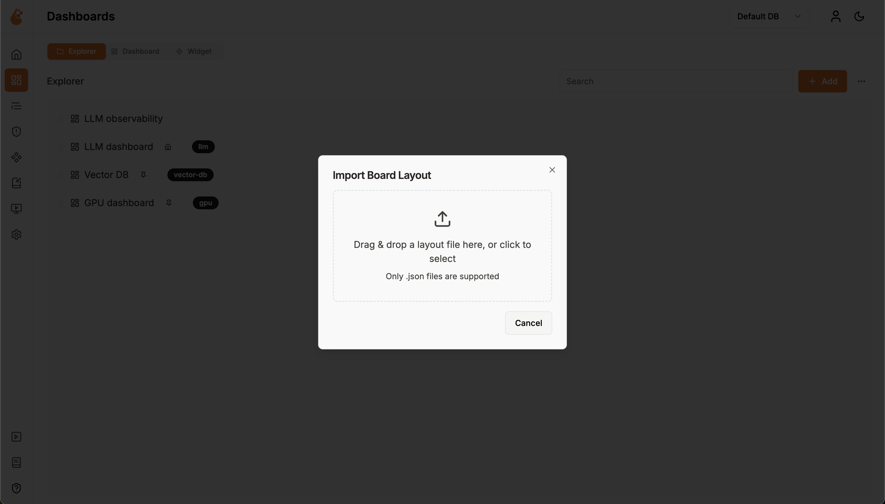 Import Board Layout dialog with a file upload interface