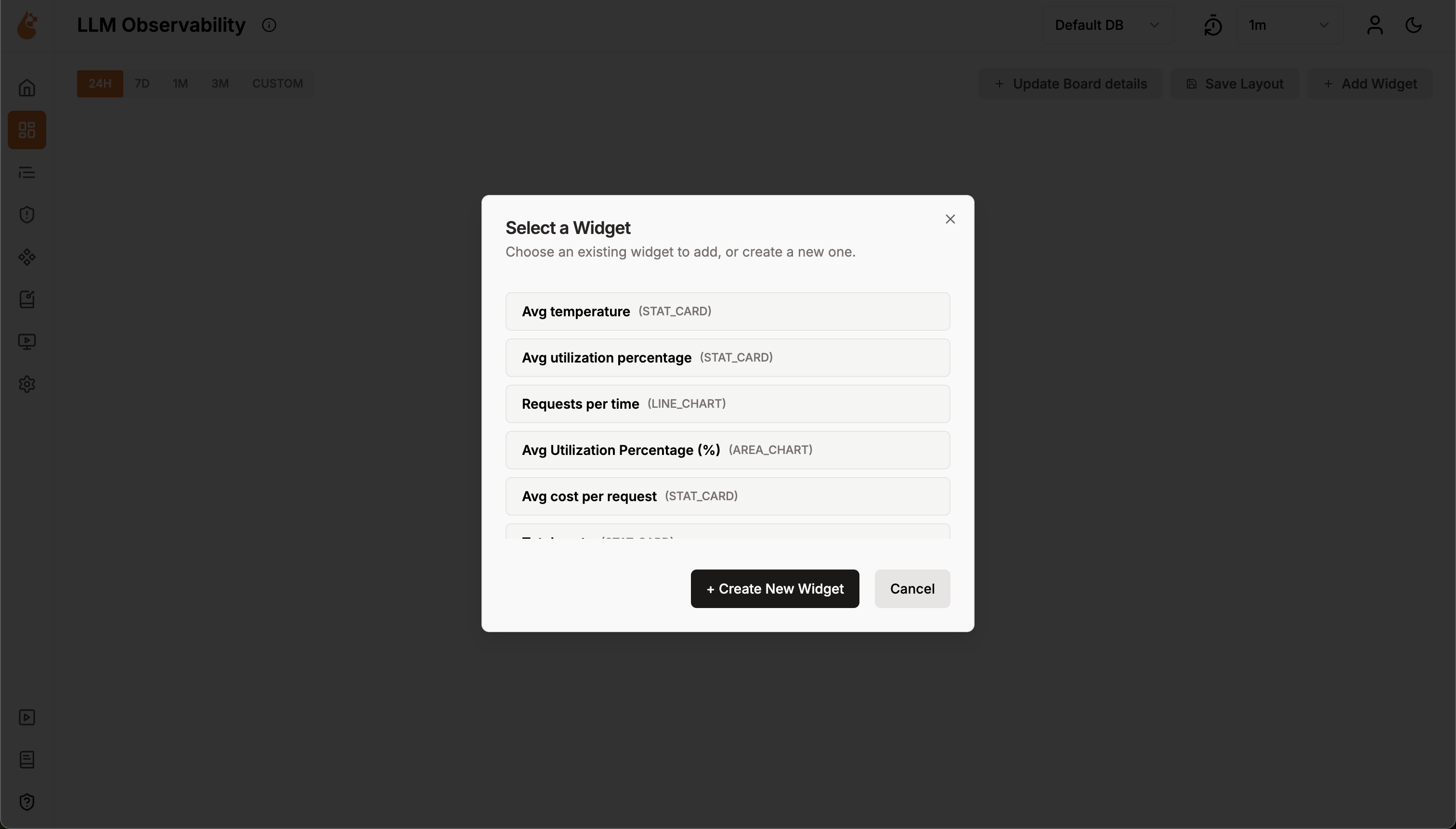 Select a Widget popup showing existing pre-built widgets