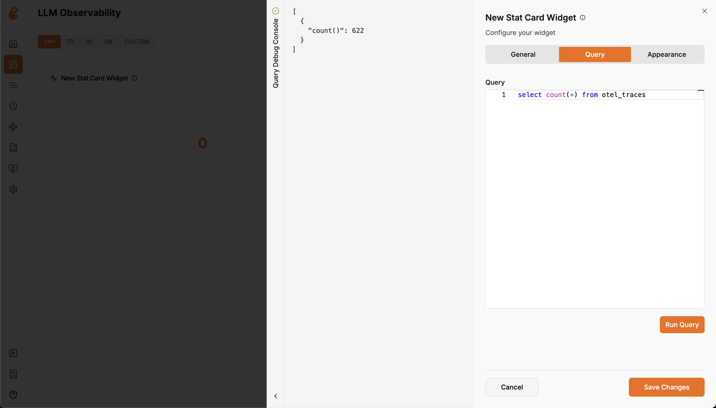 Widget configuration panel Query tab with a SQL editor