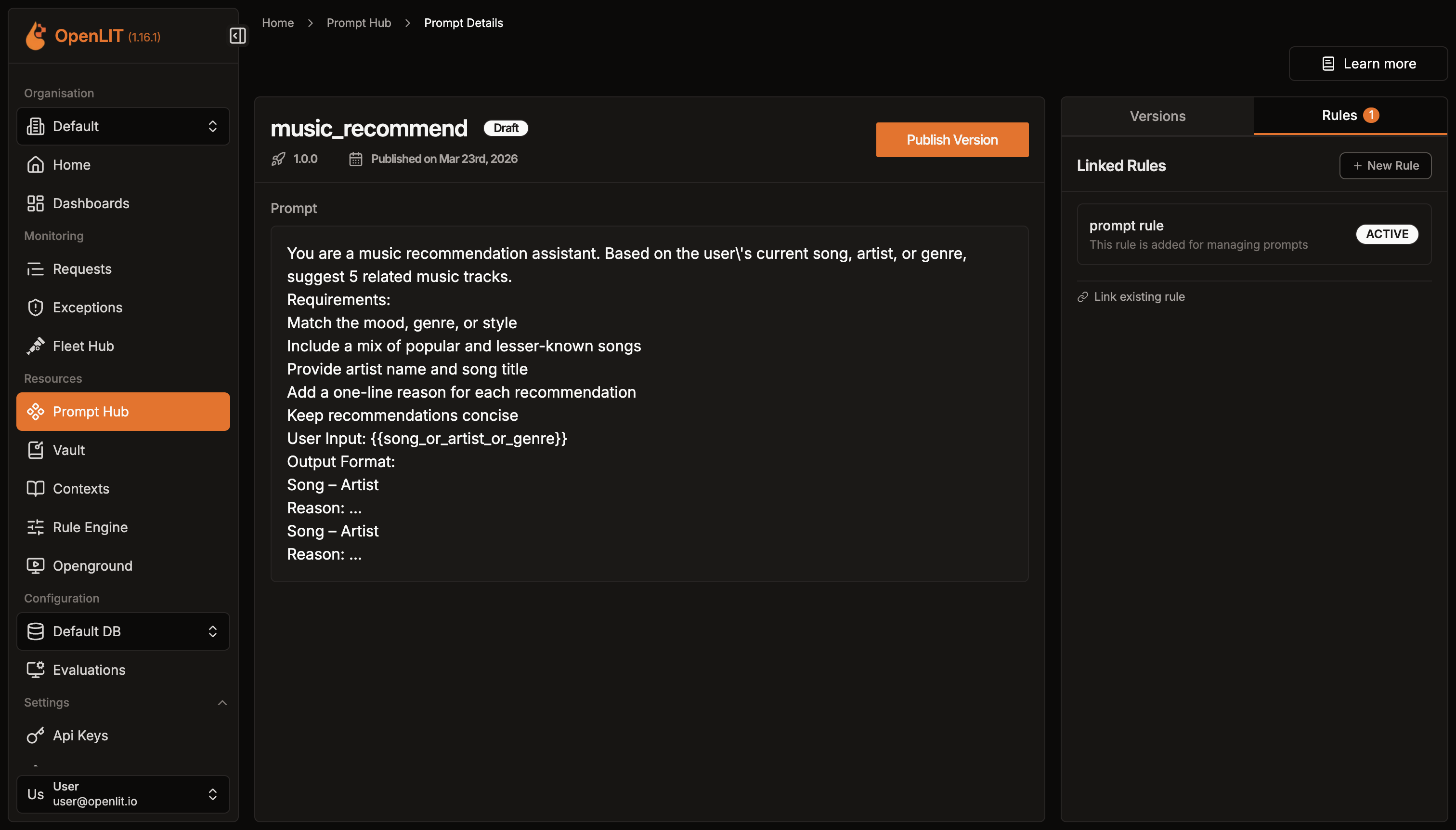 Prompt details page showing past versions